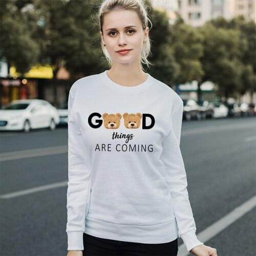 BLINGPAW Teddy Bear Good Things Are Coming Printed Unisex Crewneck Sweatshirt Heavy Blend Crew Neck Long Sleeve Autumn Clothes