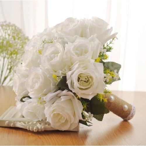 Tanpell White Cloth European Rose Wedding Bouquet Artificial Flowers Pearls Lace Handmade Party Wedding Bouquet