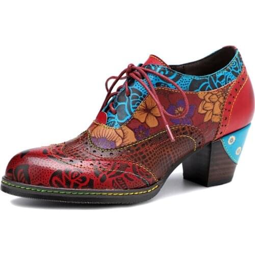 Women Pumps Retro Bohemian Floral Genuine Leather Splicing Lace Up 4.5CM Thick High heels Women Shoes Printing zapatos mujer