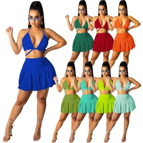 Sexy Bra Pleated Skirt Sets Women Halter Backless Crop Top and Mini Skirts Summer 2 Pieces Birthday Outfits 2021 Club Beach Wear