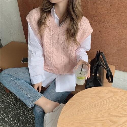 Women V-neck Sweater Vest Kawaii Solid Twist Sleeveless Oversized Knitwear 2020 Lazy Warm Pullover Top Fashion Winter Clothes