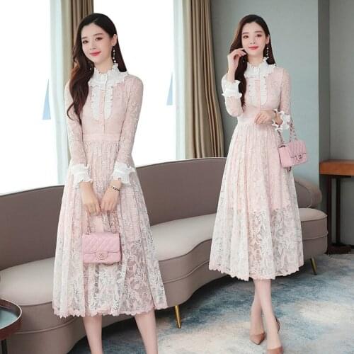 Elegant Dress Womens 2020 High Waist Lotus Leaf Lace Long Dresses Women Waist Zipper Temperament Splicing Vestidos Mujer A956