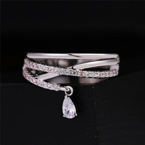 Cute Female White Crysta Stone Ring Simple Silver Color Wedding Ring Luxury Water Drop Engagement Rings For Women