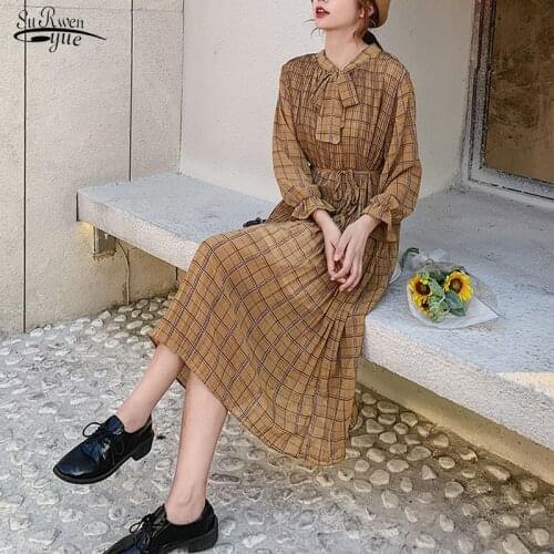 2021 Fashion Women Long Sleeve Dress Vintage Lady Chiffon Dress Elegant Clothes Autumn Print Pleated Korean Floral Vestidos 8538