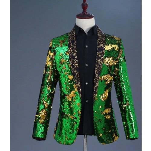 Fashion Green Gold Double-Color Sequin Blazer Men Wedding Groom Prom Tuxedo Suit Jacket DJ Singer Nightclub Stage Blazer Hombre