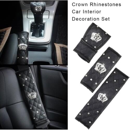 Universal Car Seat Belt Cover Hand Brake Gear Cover Shoulder Protection Cover Set Rhinestones Leather Belt Sheath For All Cars