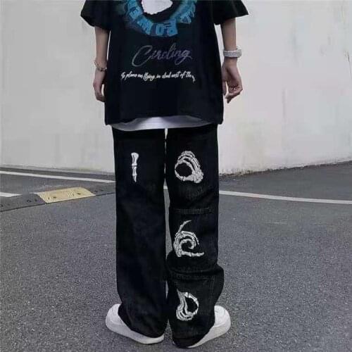 Harajuku Back Hand Print Black Mens Jeans Pants Streetwear Oversize Straight Baggy Casual Denim Trousers Harajuku Couple Jean