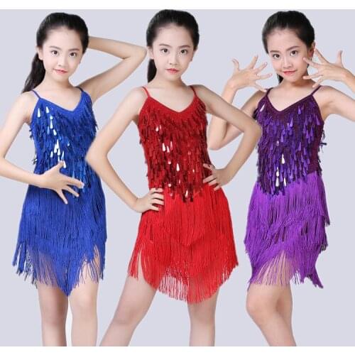 Kids Latin dance tassel competition costume stage performance childrens clothing childrens strap sequins girls dress