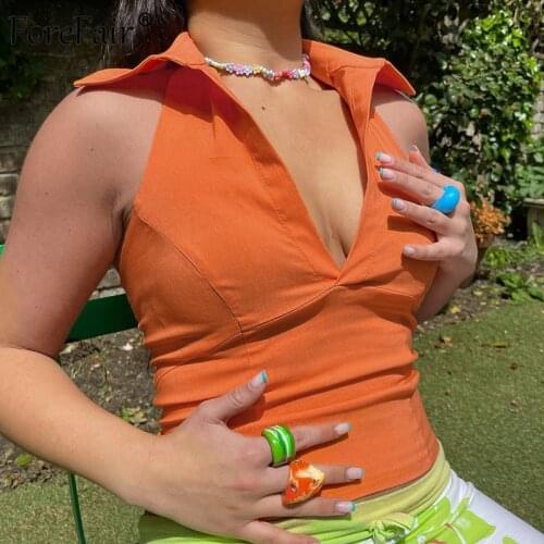 Forefair Backless Turn Down Collar Halter Women Crop Tank Top 2021 New Summer Female Fashion V Neck Sexy Short Corset Tops