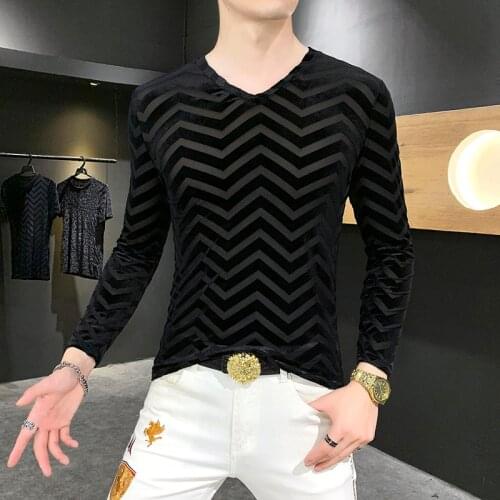 Spring Autumn Tops Velvet Jacquard V-neck Long Sleeve Harajuku Social Club Costume Designer Fashion Mens T-shirt Tee Shirt Homme