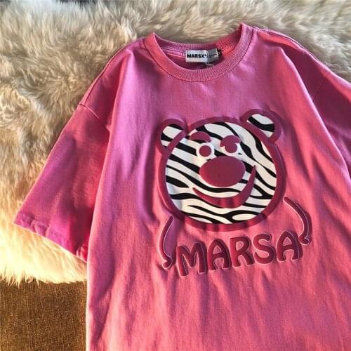 Cartoon Bear Print T-shirts Summer Women Cute Pink Letter Short Sleeve O-Neck Basic Oversized Female Tops Tees Shirts Streetwear