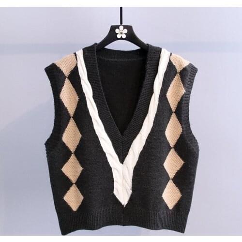 Heliar Women V-neck Sweater Vest Vintage Diamond Knitted Female Sleeveless Ribbed Sweater For Women Sweater Vest 2021 Autumn