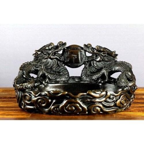 China folk Feng Shui Bronze Copper Zodiac two Dragon Play Bead lucky ashtray