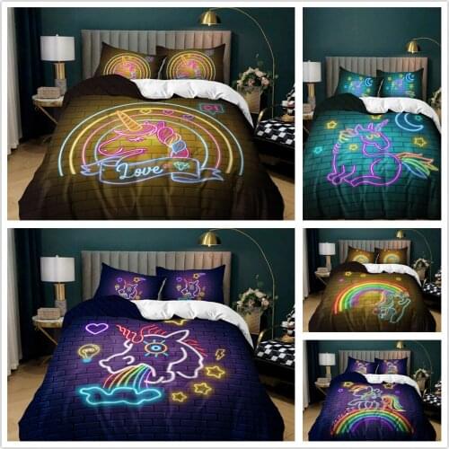 3D Unicorn Rainbow colors Bedding Set Duvet Covers Pillowcases Cartoon Comforter Luxury Bedding Sets Bedclothes Girl Children