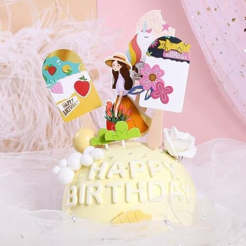 Summer Style Ice Cream Theme Happy Birthday Cake Topper Candy Bar Baby Shower Girls Birthday Party Supplies Cake Decoration