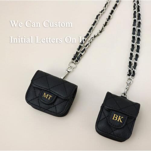 Monogrammed Small PU Leather Pouch for Airpods 1 2 pro 4 Stitched Mini Protective Case with Lanyard Strap Fashion Earphone Bag