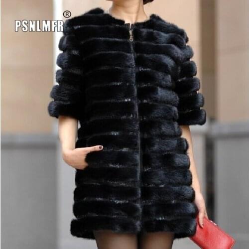 Office Lady 100% Genuine Black Real Mink Fur Coat Warm Thicken Monteau Femme Classic O-Neck Slim Fashion Women Coat