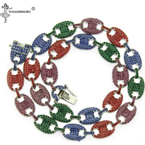 HIip Hop Iced Out CZ Multi-Colors Coffee Bean Pig Nose Alloy Rhinestone Necklace Charm Link Chain Necklaces Collares Men Jewelry