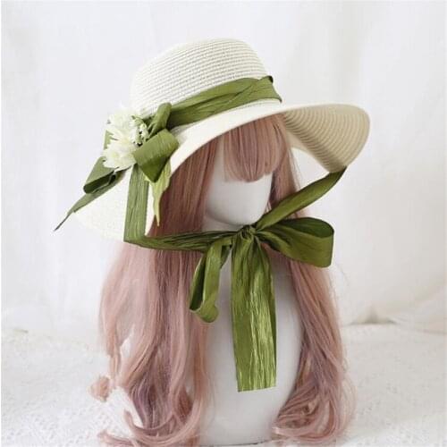 Princess Sweet Bow Lolita Hat Bellflower Flower Lace Straw Big Wide Brim Cap Sun Hat D832