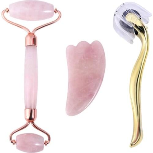 Rose Quartz Roller Massager Natural Powder Crystal Facial Massager Microneedle Roller Jade Spatula Wrinkle Skin Care Tool