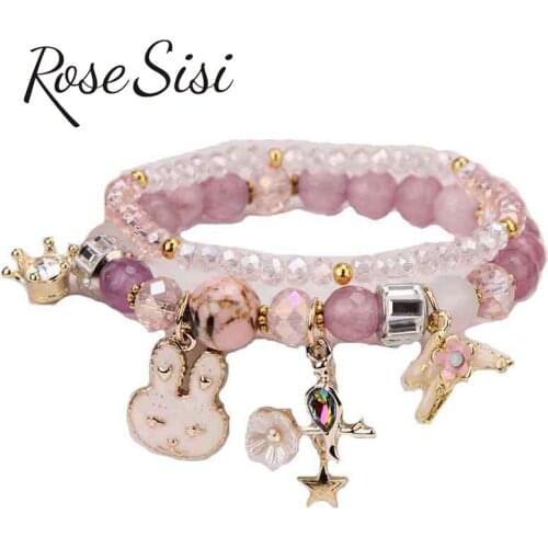 Rose sisi Korean Crystal Bracelets Cute Cartoon Rabbit Pendant Hand Elephant Flower Pendant Bracelet for women jewelry