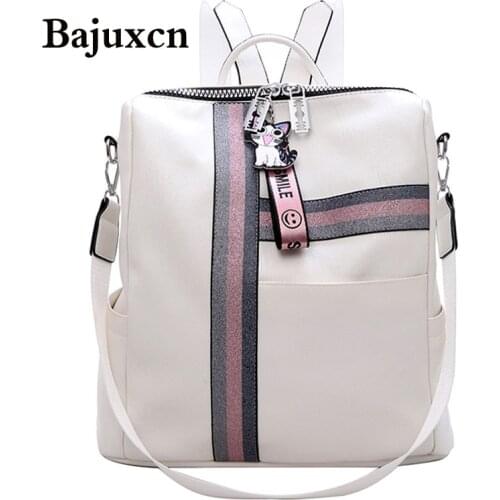 2020 new Womens Daypacks Striped Casual Backpacks High Quality Leather Backpack Fashion Cute Pendant Girls Black School Bag