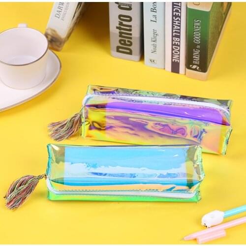 Cute Tassel Storage Cosmetic Bag High Capacity Kawaii Cool laser transparent Color Pencil Case School Supplies Gift
