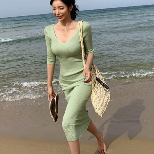 Shintimes Sexy V-Neck Knitted Dress Woman 2020 Autumn Solid Bodycon Warm Sweater Female Dresses For Women Party Womens Clothing