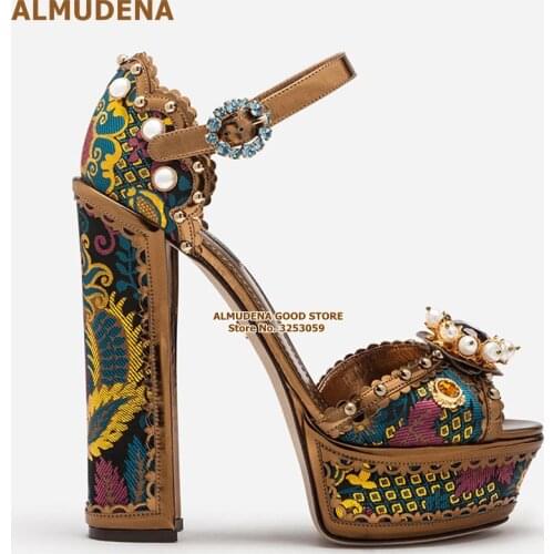 ALMUDENA Flowers Printed Bowtie Gold Chunky Heel Sandals High Platform Bling Bling Red Crystal Ring Buckle Butterfly-knot Shoes