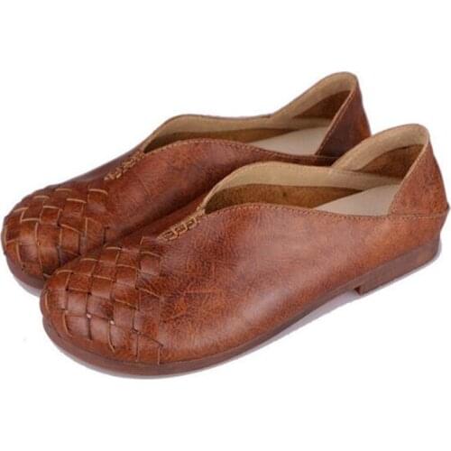 Genuine Leather Shoes Woman Soft Boat shoes for Women Flats shoes Slip On Round Toe soft Retro Comfortable Casual womens shoes