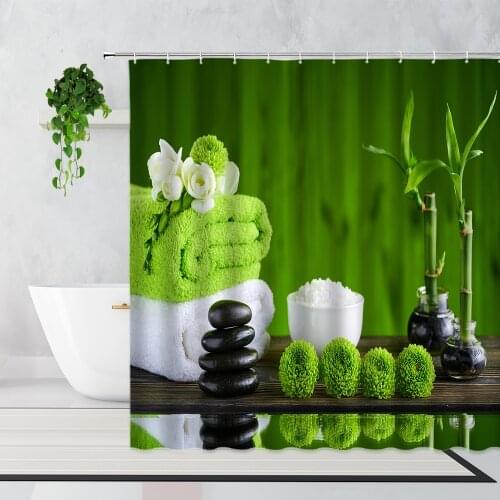 Zen Shower Curtain Green Bamboo Black Zen Stone Candle Flowers Home Decoration Background Waterproof Bath Curtains Set With Hook