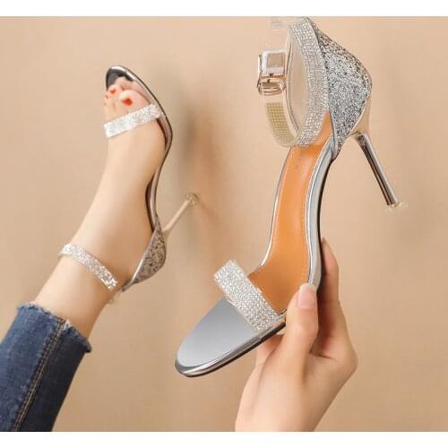 Women sandals PU Sequined Cloth Buckle Strap 9CM Thin Heels High heels Round Toe Rhinestones Shallow Bling women shoes black