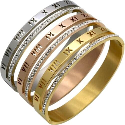 Luxury Crystal Roman Numerals Cuff Bracelets & Bangles Women Brand Design Gold Color Rhinestones Arm Pulseira Feminina