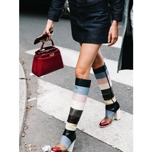 Block Heel Knee High Leather Boots Round Toe Mixed Color Trendy Winter Outfits Women Boots Runway Street Custom Made Shoes