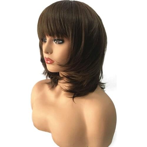 StrongBeauty Women Synthetic Wig Medium Length Straight Dark Brown/Medium Auburn Layered Haircut Natural Wigs