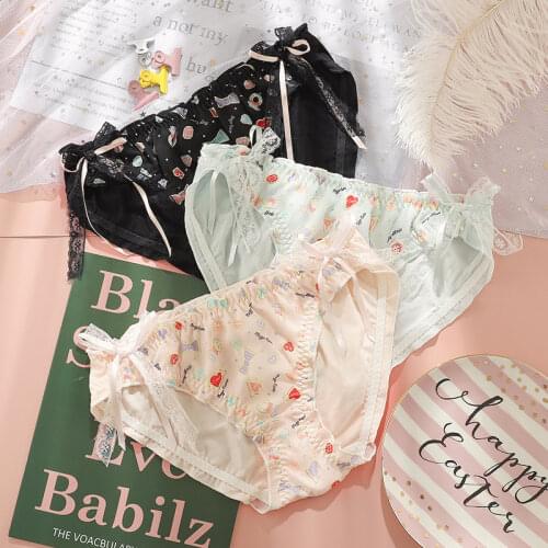 Plus Size Lingerie Japanese Sexy Cute Seamless Panties Briefs for Women Cotton Thong Floral Ruffles Blue Pink Black Underwear