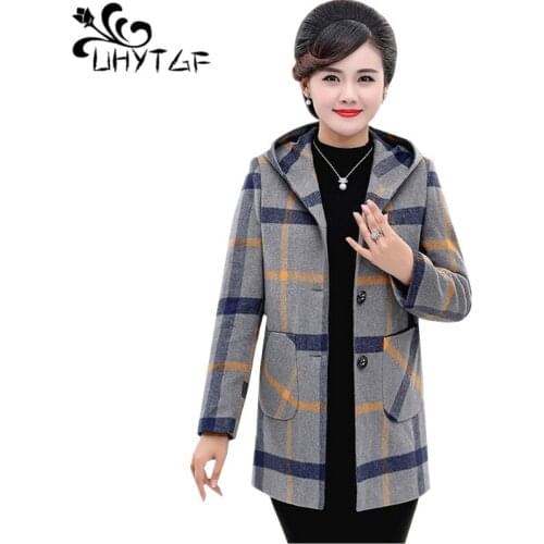 UHYTGF Spring autumn coat female fashion plaid women hooded woolen coat loose 5XL plus size Windbreaker ladie manteau femme 857