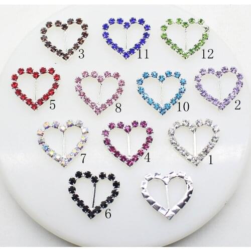 10pcs/Lot 20mm*21mm Heart Silver Multicolor Rhinestones Buckles Metal Diamante Diy Hair Accessory Bling Wedding Ribbon Fitting