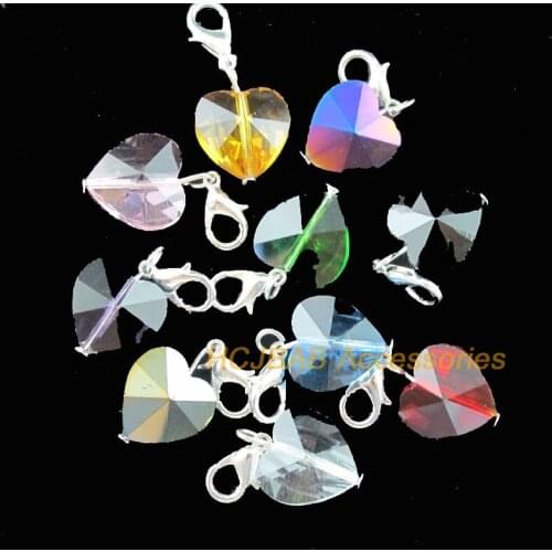 10Pcs Mixed Crystal Heart Beads Charms Silver Plated With Clasps 14mm