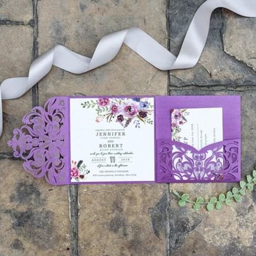 100 pieces/lot) Laser Cut Dark Purple Wedding Invitations Customize Print Baptism Engagement Invitation With RSVP Card IC122