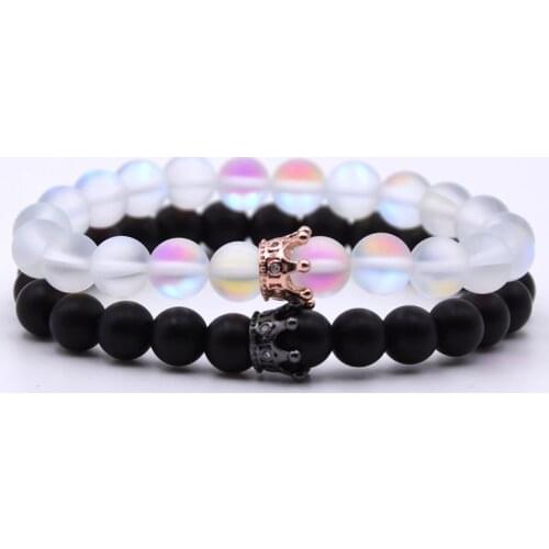 2pcs/set Couple Jewelry bracelets for women Trendy Natural Labradorite Beads Bracelet CZ crown Bracelet Men jewelry