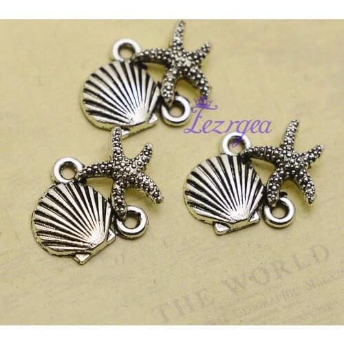 30pcs/lot--18x14mm, Antique silver plated Seashell and Starfish Connector charms,DIY supplies, Jewelry accessories