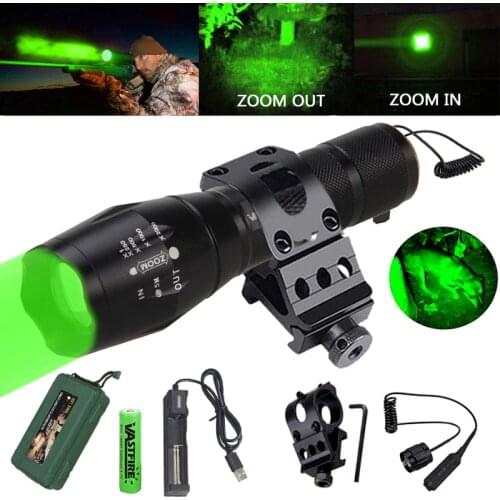 A100 Tactical Hunting Flashlight 5000 Lumens Q5/T6 White/Green/Red LED Lantern Torch+Rifle Mount Clip+Switch+18650+Charger+Box
