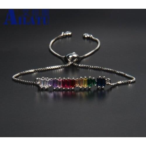 Ailatu Luxury Rainbow Cz Bar Chain Bracelet for Women Rainbow Princess Cut Adjustable Cz Link Jewelry