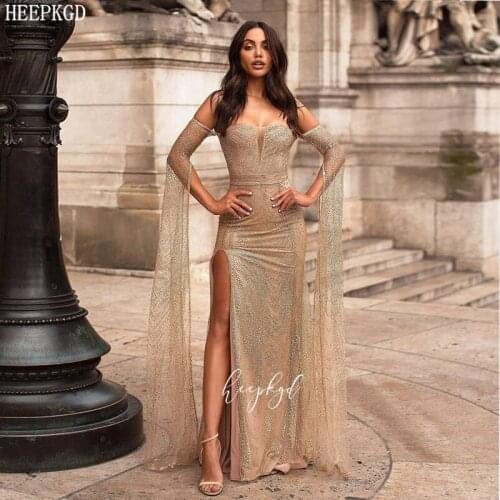 Golden Glitter Long Sleeves Saudi Arabic Evening Dress Off The Shoulder Side Slit Sexy Prom Gowns Plus Size Graduation Dresses