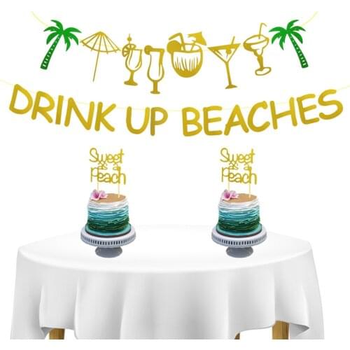Glitter Drink Up Beaches Banner Coconut Tree Sweet As A Peach Cake Toppers Hawaii Themed Summer Party Decoration Supplies