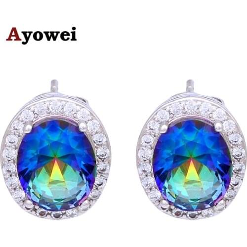 Shiny Rainbow Mystic Crystal Silver Zirconia Stud Earrings Health Nickel & Lead Free Party Fashion Jewelry JE974A