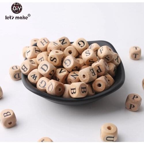 Lets Make Baby Teething Square Shape Beech Wood Letter Beads Crib Toy 12mm 50pc Teething Jewelry DIY Crafts Chew Beads