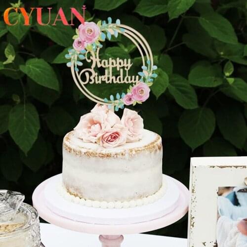 CYUAN Flower Green Leaf Happy Birthday Cake Topper Cupcake Decorations Birthday Baking Decor Baby Shower Wedding Decorations