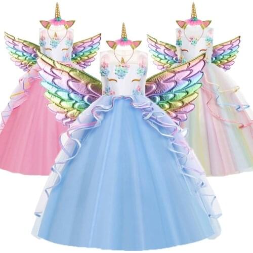 Unicorn Dress For Girls Birthday Party Clothes Embroidery Flower Ball Gown For Kids Rainbow Formal Princess Children Costume